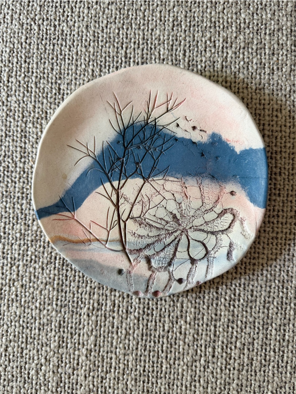 5.75” Lauretta Bonfiglio Signed Nature Pressed Botanical Artisan Pottery Plate